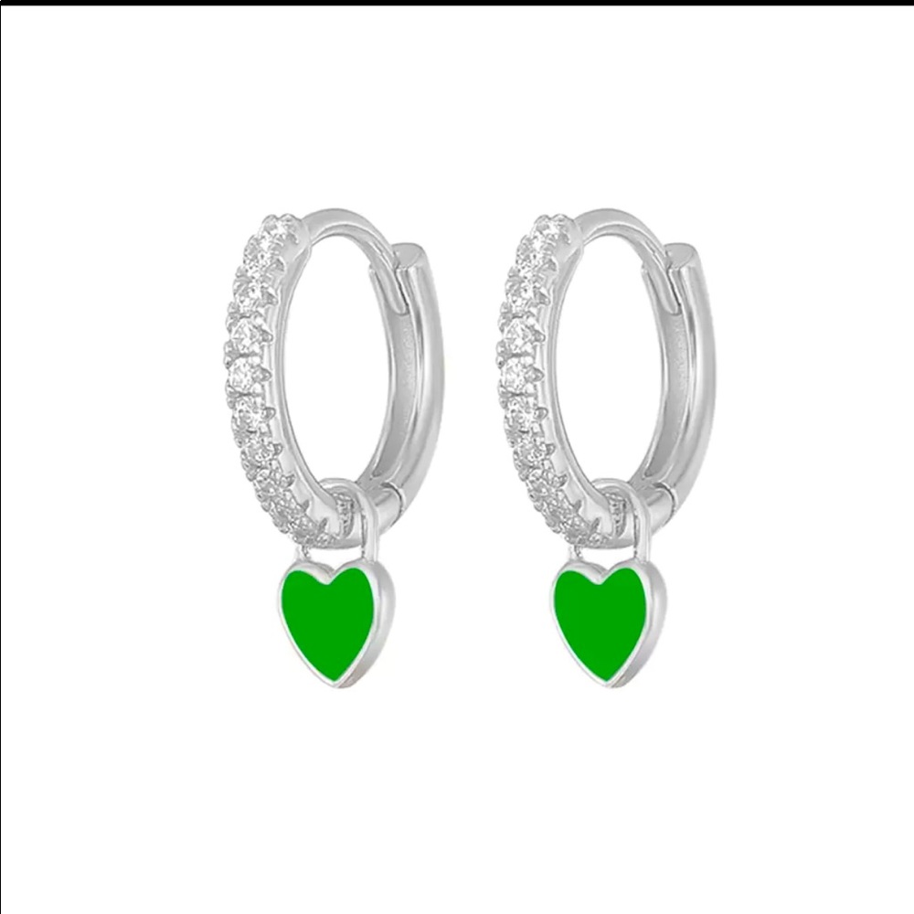 925 dainty silver cz hoops w/ green heart